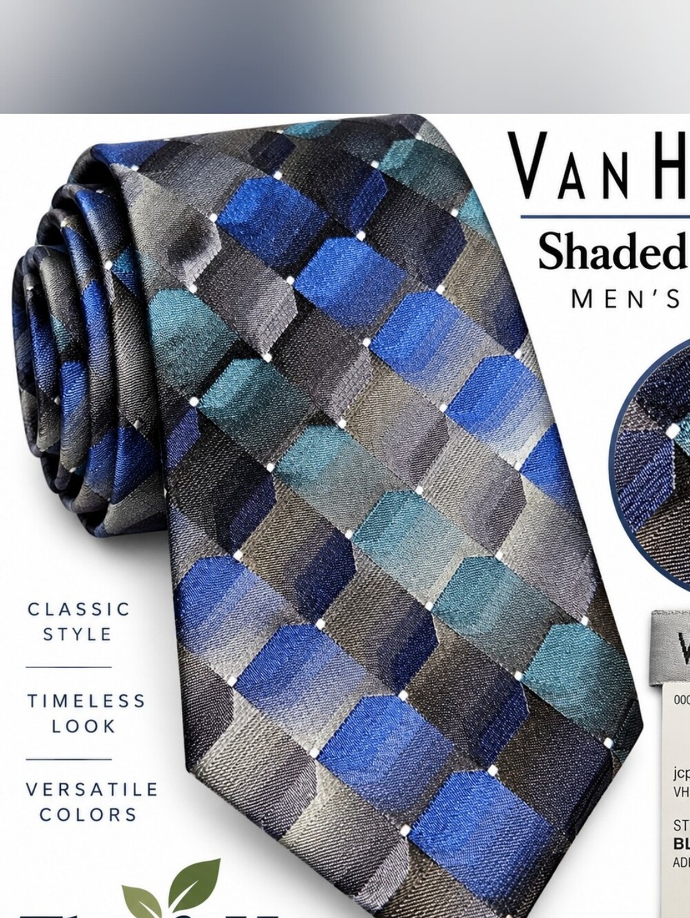 Van Heusen Shaded Spinner 2 Tie Blue Green Gray Geometric Men's Necktie NWT